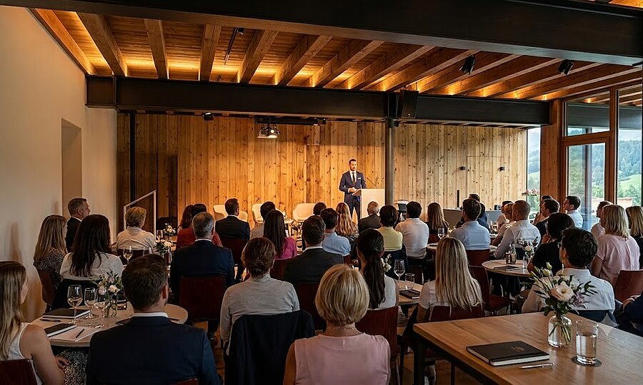 Seminarraum & Tagungen in Südtirol | Weingut Santer Blick von hinten auf das sitzende Publikum bei einem Vortrag oder Seminar in einer modernen Eventlocation mit warmer Holzoptik