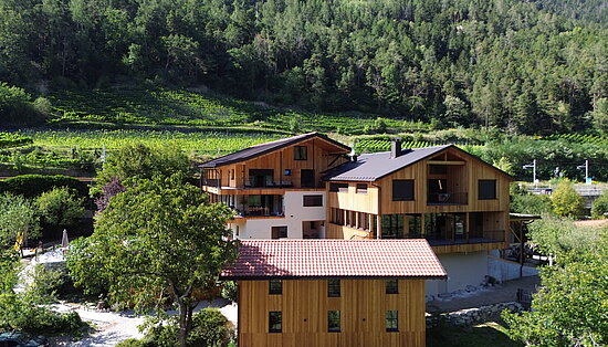 Bio-Weingut Santer in Mühlbach mit Hofgebäuden, umgeben von Weinbergen und der Natur Südtirols.