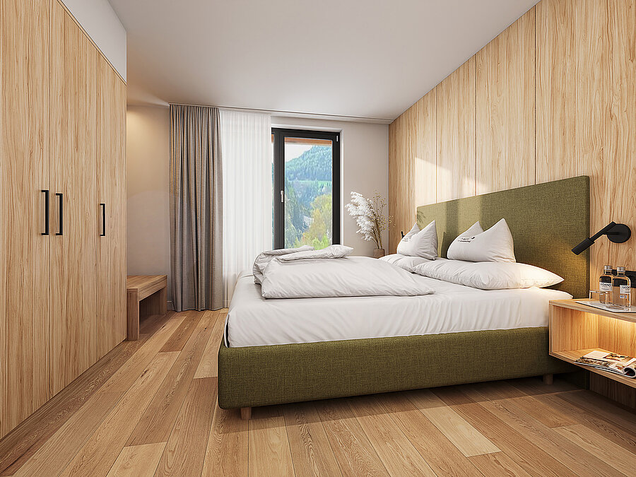 Modernes Schlafzimmer | Weingut Santer Südtirol Modernes Schlafzimmer mit hellem Holzboden, einer Holzwand, großem Einbauschrank und einem Doppelbett mit Kopfteil.