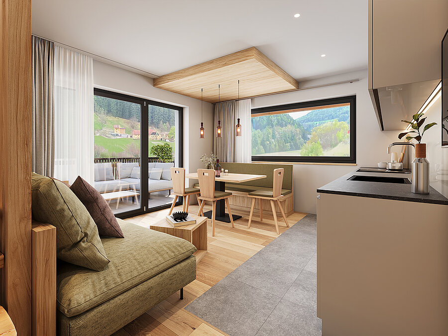 Bio-Weingut Südtirol: Ferienwohnung beim Weingut Santer Bio-Weingut Südtirol: Helle, modern eingerichtete Ferienwohnung mit großem Fenster und Blick ins Grüne.